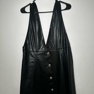 Zara Black Faux Leather Mini Dress | Deep V Neck Button Detail